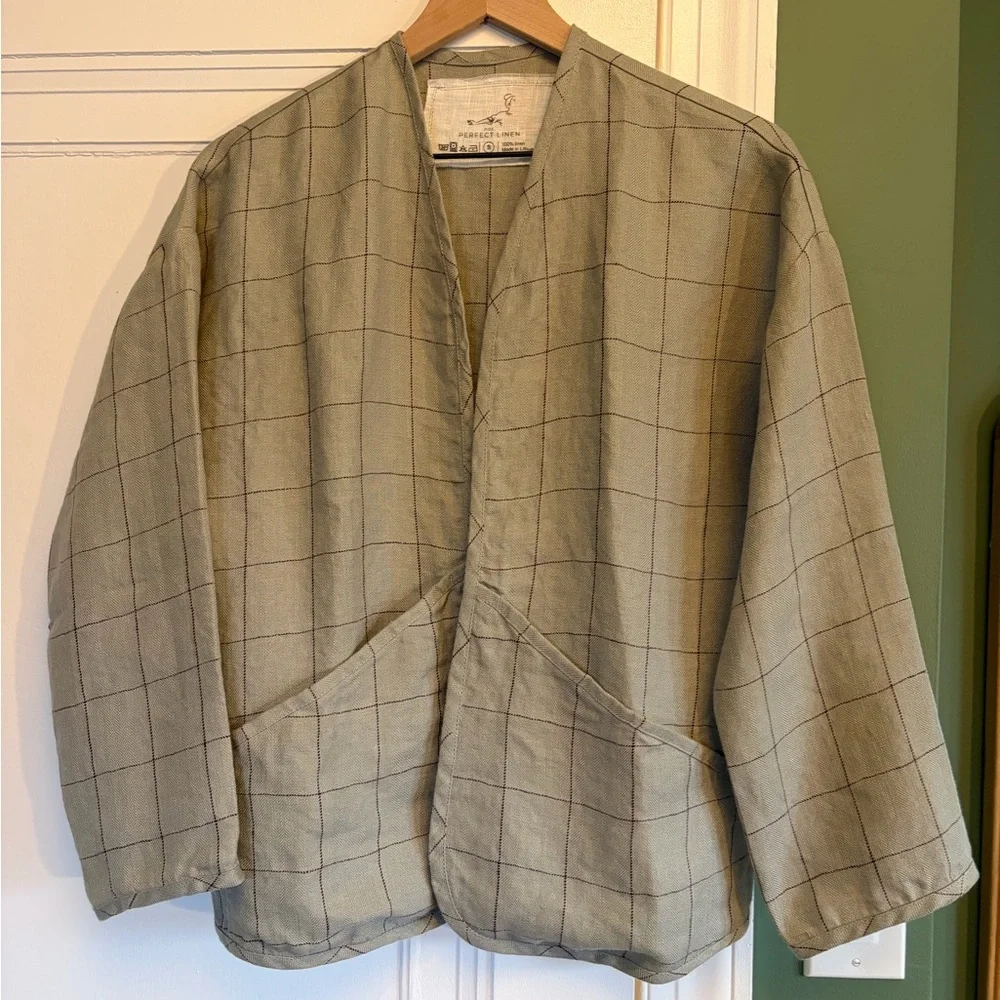 notPERFECTLINEN Linen Copenhagen Throw-On Jacket in Herringbone Grey Checks - Picture 4 of 7